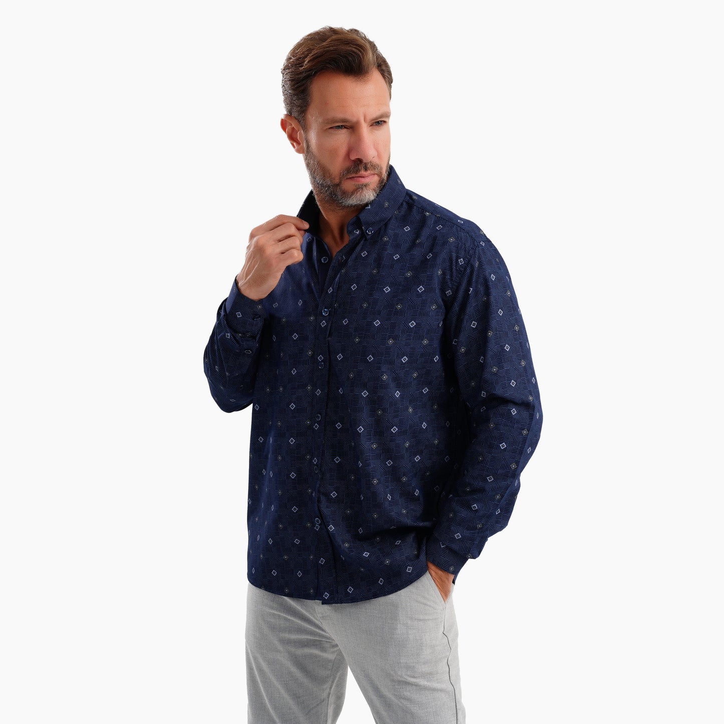 MEKA Premium Anti-Shrink Dress Shirt - MEKA | Premium Navy Patterned Shirt - Semi Casual Regular Fit (0048)