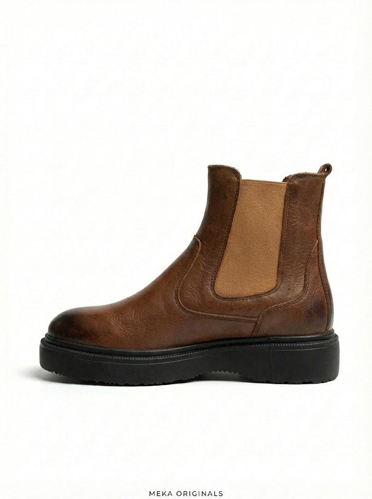 MEKA Handcrafted Genuine Leather Footwear - MEKA Brown Leather Platform Chelsea Boots – Genuine Leather